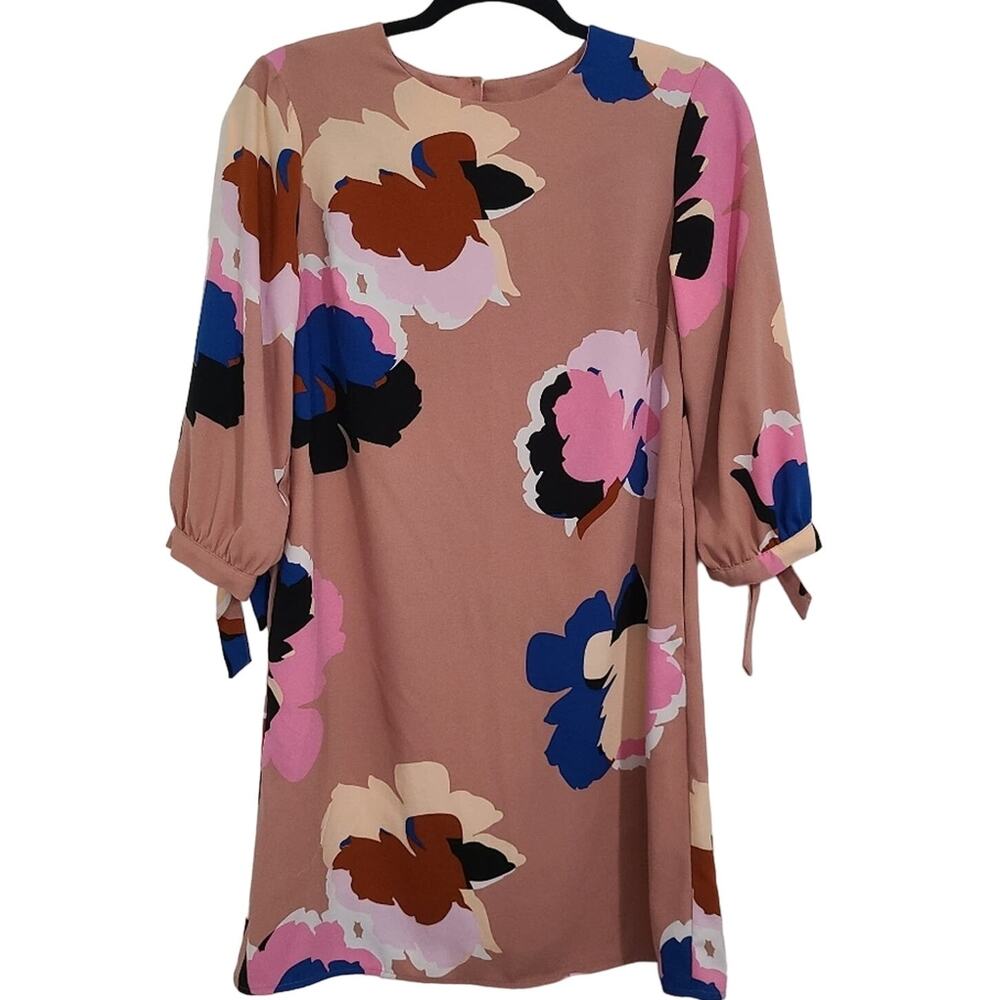 A New Day Women Sz XS Pink Mauve Dress Blue Pink Brown Floral Pattern Tie Sleeve